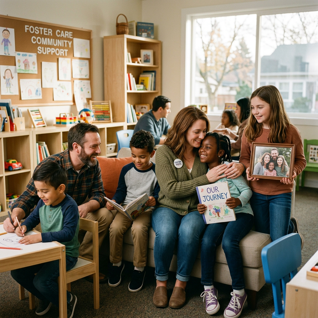 Foster family and children engaged in reading and sharing memories in community room